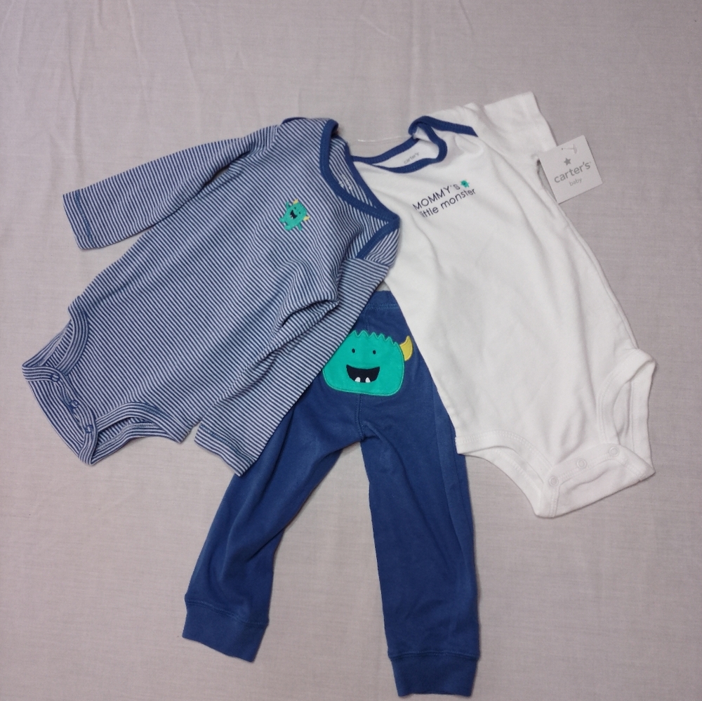 NWT Carter's 3 Piece Monster Set 2 Onesies 1 Pants